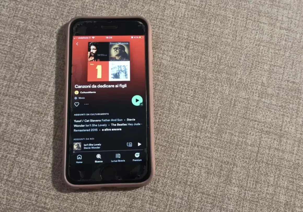 Playlist "Canzoni da dedicare ai figli" su Spotify, con brani di Stevie Wonder e Cat Stevens.