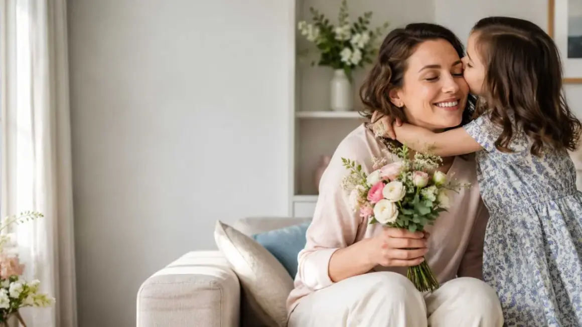 Bambina bacia la mamma che tiene un mazzo di fiori. Un momento dolce che ricorda quand'è la festa della mamma.