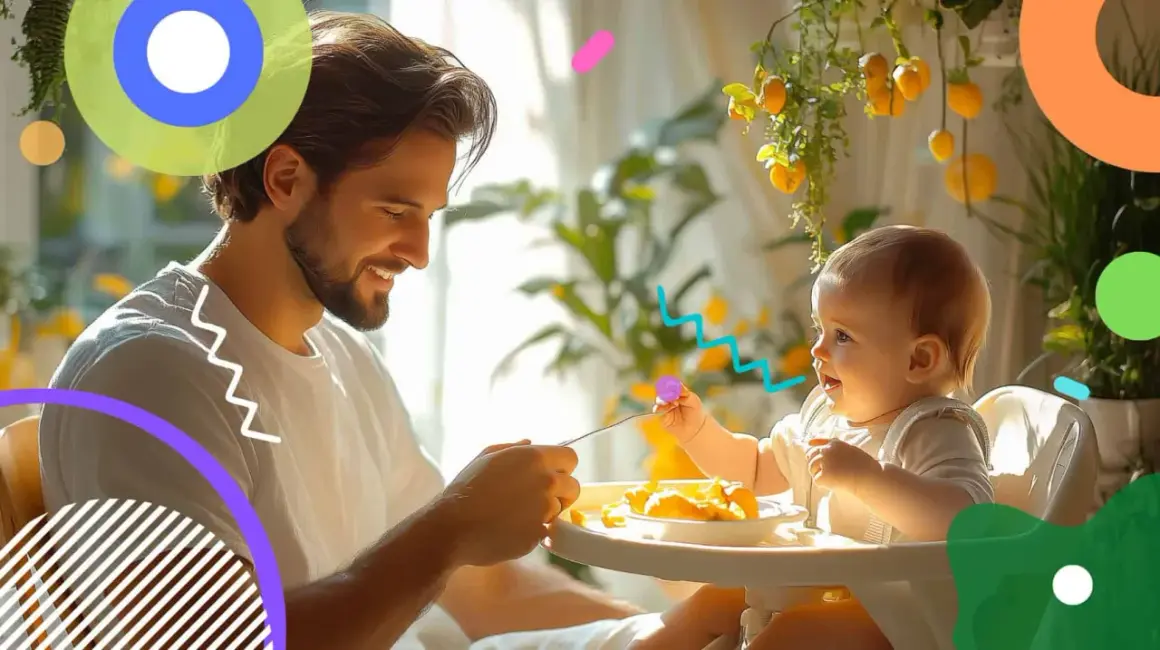 Padre sorridente nutre un neonato di 10 mesi seduto sul seggiolone, con cibo sul vassoio.