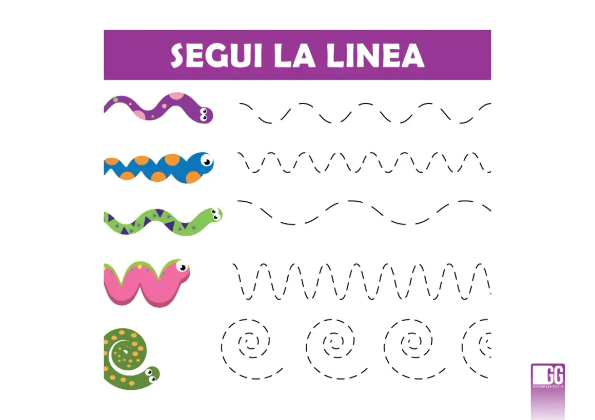 Esercizio di pregrafismo scuola infanzia: vermi colorati da far seguire a linee tratteggiate di varie forme.
