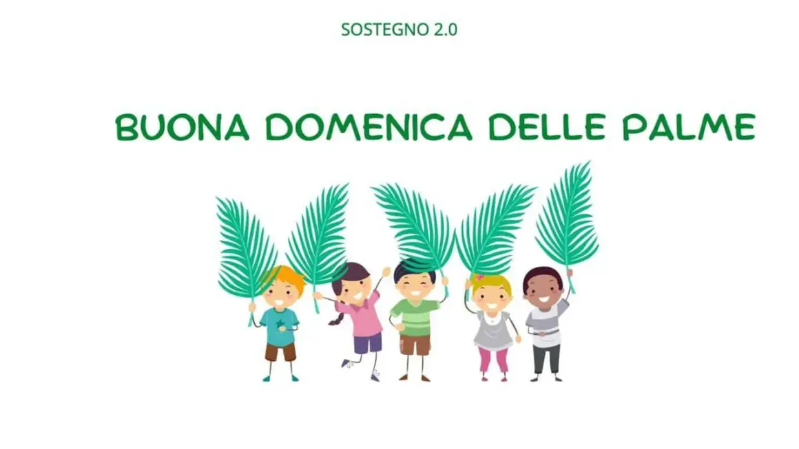 Bambini felici celebrano la Domenica delle Palme con rami verdi, un modo semplice per spiegare la festa ai più piccoli.