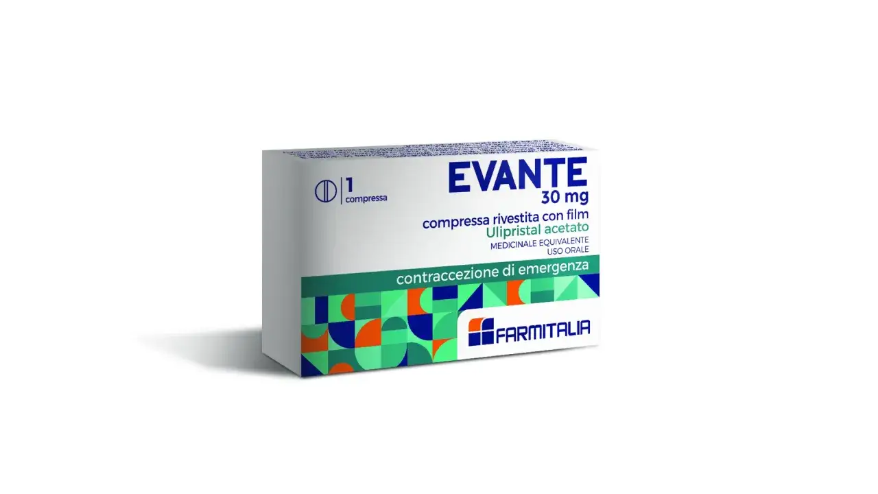 Confezione di Evante, pillola dei 5 giorni dopo, con 30 mg di Ulipristal acetato per contraccezione di emergenza.
