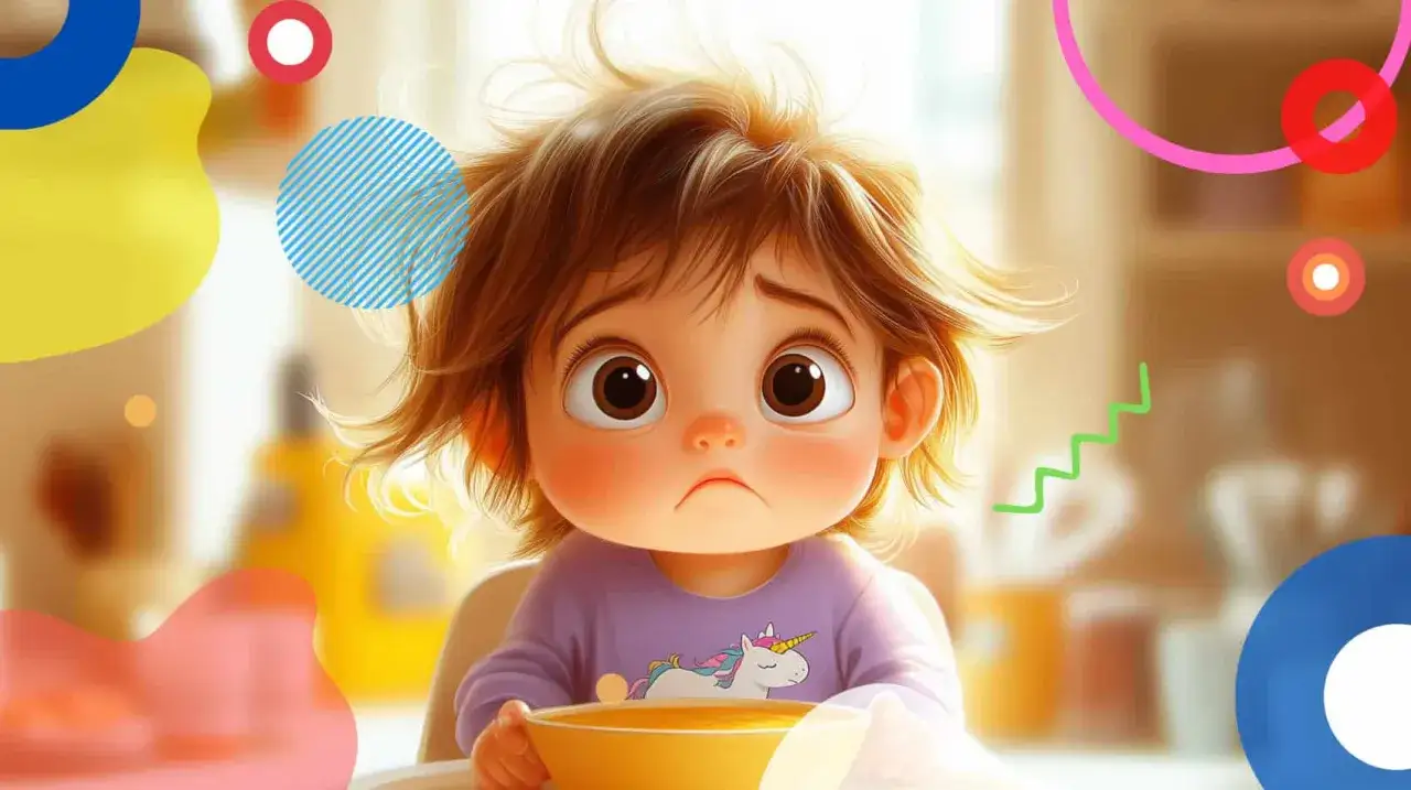 Bambina con espressione triste davanti a una ciotola di pappa. Se non mangia la pappa gli do il latte, dice la mamma.