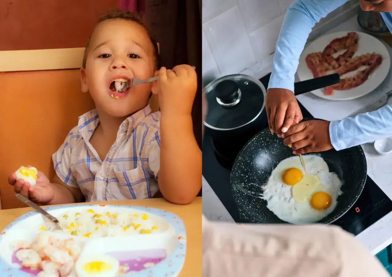 Bambino mangia riso e gamberetti, mentre un altro prepara uova alla coque in padella.