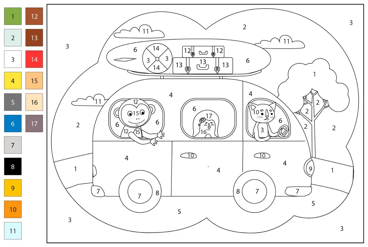 Disegni per bambini: un simpatico scimpanz&eacute;, un gatto e una bambina in viaggio su un'auto con bagagli sul tetto.