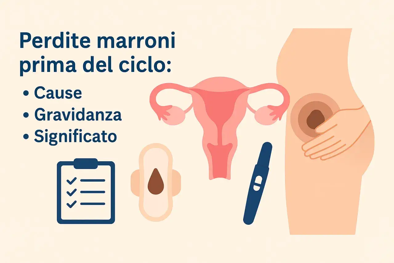 Perdite marroni prima del ciclo: cause, gravidanza e significato. Illustrazione di utero, test di gravidanza, assorbente e pancia con feto.