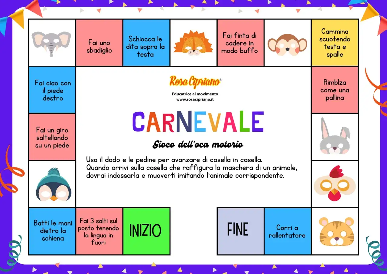 Gioco dell'oca motorio di Carnevale con maschere di animali. I bambini si muovono e imitano gli animali, divertendosi con questi giochi di carnevale per bambini.