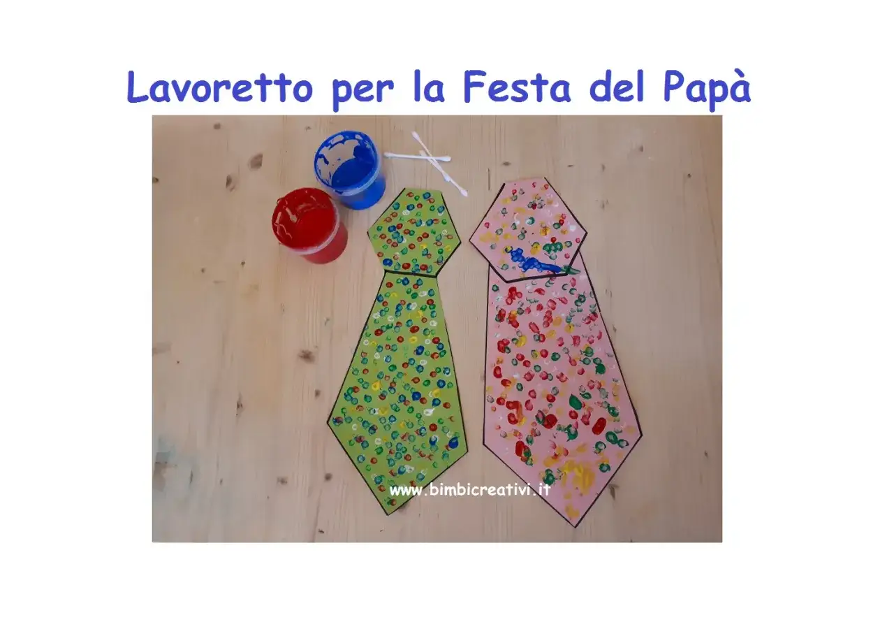 Lavoretti per la Festa del Pap&agrave; facili: due cravatte colorate con impronte di dita, pronte per essere regalate.