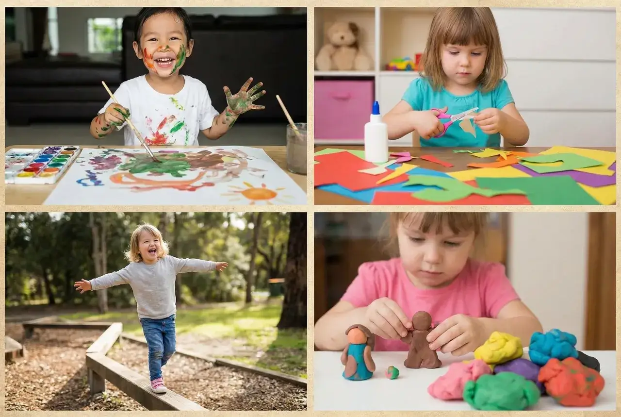 Un bambino di 3 anni dipinge felice, un altro taglia carta colorata, uno gioca all'aperto e un altro crea con la plastilina.