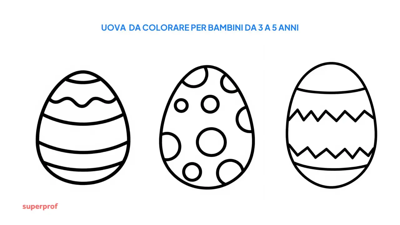 Tre disegni di pasqua bellissimi da colorare per bambini: uova con onde, pois e zig-zag.