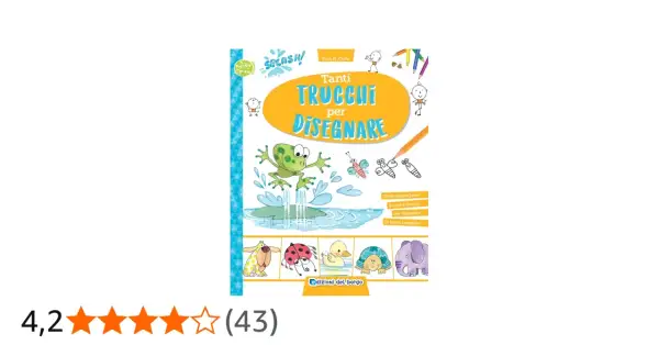 Copertina di un libro con disegni facili per bambini: una rana salta nell'acqua, insetti e animali simpatici.