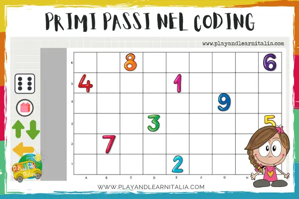 Griglia con numeri colorati per il coding per bambini. Icone di dadi, mattoncini e frecce per imparare.