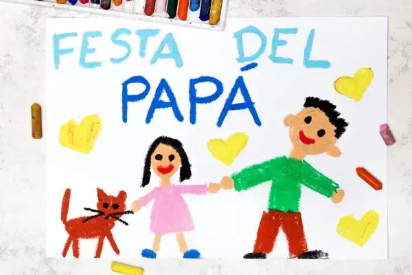 Disegno per la Festa del Papà: un papà, una bambina e un gatto, con cuori gialli. Perfetto per lavoretti per la festa del papà facili e creativi.