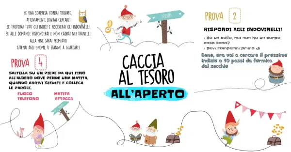 Una divertente caccia al tesoro per bambini con indovinelli, prove e simpatici gnomi.