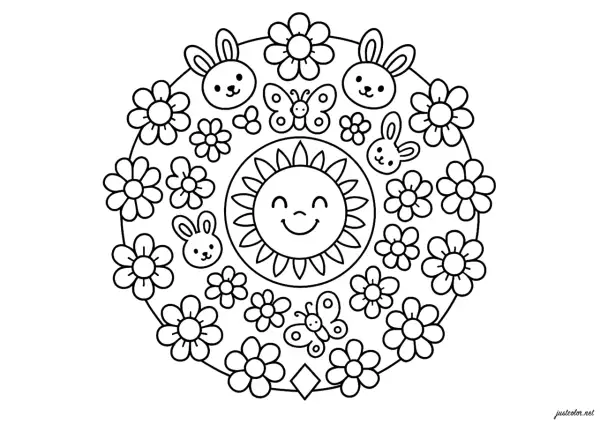 Mandala da colorare con sole sorridente, coniglietti, farfalle e fiori. Un disegno primaverile per stimolare la creatività.