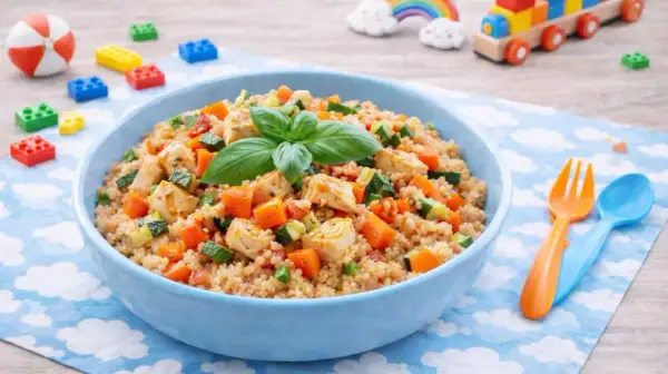 Cous cous con pollo e verdure, un piatto colorato e gustoso, perfetto per le ricette per bambini.