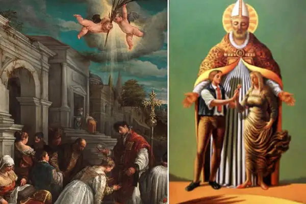 Un dipinto mostra San Valentino che benedice una coppia, mentre un altro narra la storia di San Valentino per bambini con angeli e una folla.
