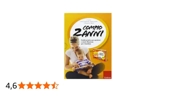 Mamma legge un libro a un bambino di 2 anni. La copertina del libro recita "Compio 2 anni", una guida per genitori e storie illustrate.