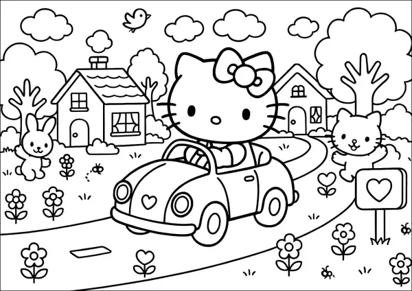 Disegni per bambini: Hello Kitty guida un'auto con un coniglietto e un altro gattino in un paesaggio con case e fiori.