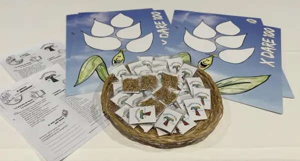 Cesto con semi per lavoretti quaresima per bambini catechismo. Volantini con disegni e frasi sul seguire le orme di Gesù.