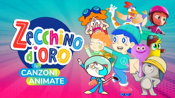 Personaggi colorati e animali animati festeggiano con il logo "Zecchino d'Oro le Canzoni Animate", perfetto per le canzoni di Pasqua per bambini Zecchino d'Oro.