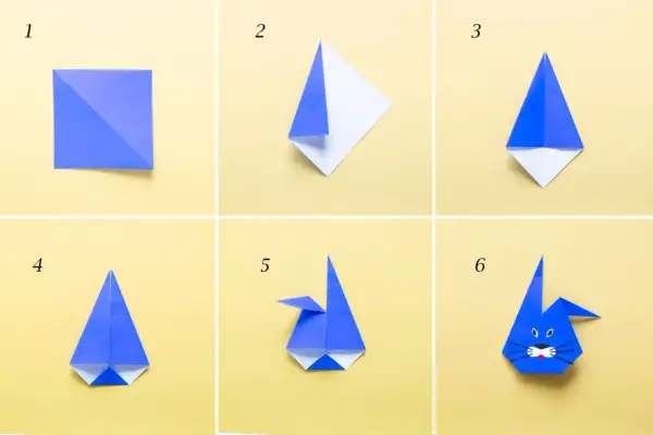 Tutorial origami: crea un coniglietto con lavoretti per bambini di 7-8 anni. Passaggi 1-6 mostrano come piegare la carta.