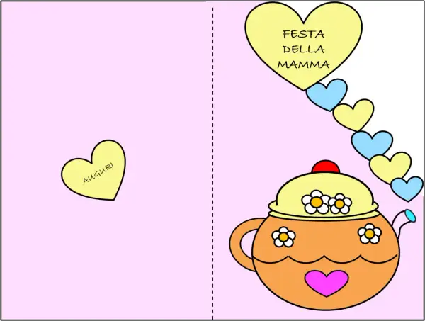 Biglietto festa della mamma da stampare con teiera decorata e cuori colorati. Auguri!