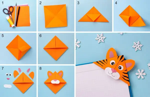 Tutorial per lavoretti con la carta facilissimi: crea un segnalibro tigre con origami. Passaggi illustrati per piegare la carta e assemblare il muso.