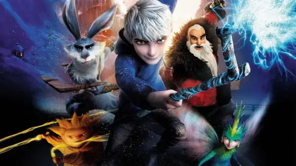 Characters from Rise of the Guardians: Jack Frost, North, Bunny, Tooth Fairy, and Sandy.