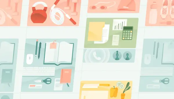 Un collage di icone che rappresentano fitness, lavoro d'ufficio, nuoto e cucina. Un promemoria visivo per uno stile di vita equilibrato, forse ispirato al metodo Ogino Knaus.