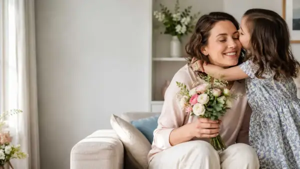 Bambina bacia la mamma che tiene un mazzo di fiori. Un momento dolce che ricorda quand'è la festa della mamma.