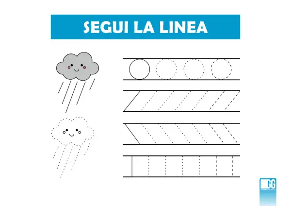 Schede prescrittura per bambini di 5 anni: segui la linea per disegnare le gocce di pioggia e le forme.