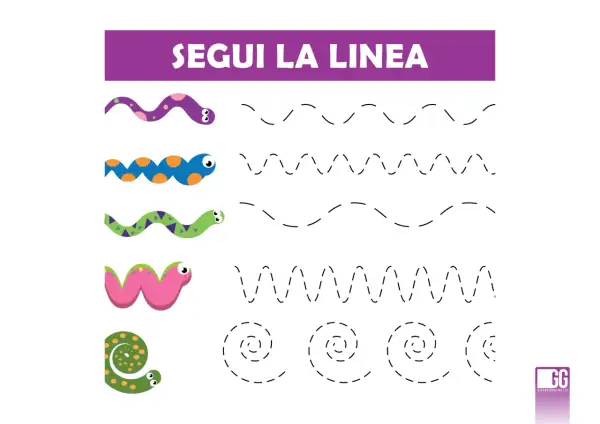 Esercizio di pregrafismo scuola infanzia: vermi colorati da far seguire a linee tratteggiate di varie forme.