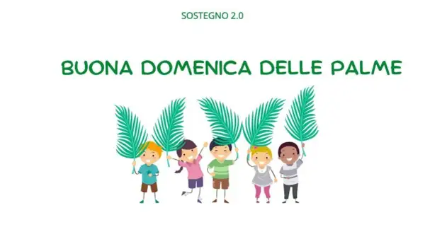 Bambini felici celebrano la Domenica delle Palme con rami verdi, un modo semplice per spiegare la festa ai più piccoli.